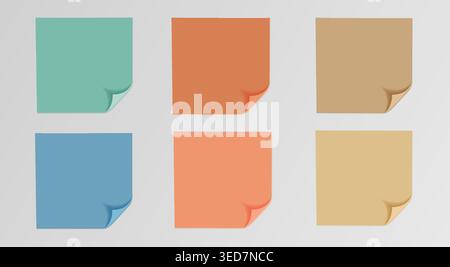 Minimalist Sticky Notes Collection Vector Set of Realistic Paper Memo Pads with Curled Corners in Mint Orange Blue and Kraft Tones for Office Planning Stock Vector