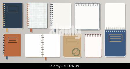 Minimalist Notebook Collection Vector Set of Open and Closed Spiral Journals Kraft and Blue Stationery for Education Branding and Digital Planning Stock Vector