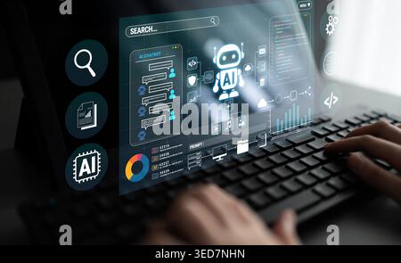 Person using modern technology interface with artificial intelligence features and data analysis tools on a digital screen in a work environment Stock Photo