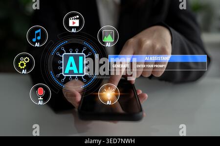 Woman Interacting with AI Assistant on Smartphone Touching Screen Surrounded by Digital Icons Representing Features and Applications Quark. Stock Photo