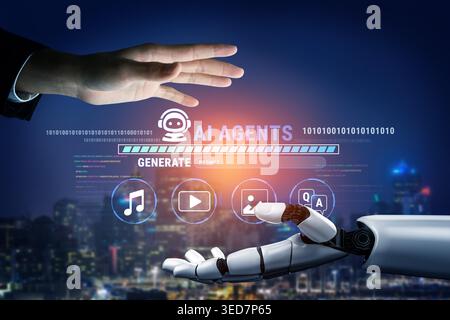 Human Hand Reaching Out to a Robotic Hand Symbolizing Collaboration in AI Technology with Digital Interface Background at Night Fluxor. Stock Photo