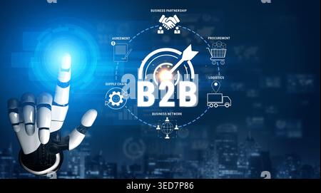 Conceptual representation of B2B business network with robotic hand pointing towards digital marketing and logistics icons in a modern business Stock Photo