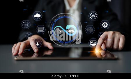 Professional Hands Engaging with Digital DevOps Concept on Tablet Displaying Cloud Technology and Data Management Icons in Modern Office Setting Quark Stock Photo