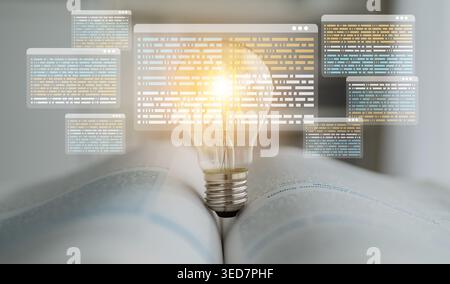 An artistic representation of a light bulb symbolizing ideas, placed over an open book filled with digital code, merging the themes of knowledge Stock Photo