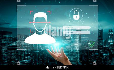 Exciting digital login interface showcasing facial recognition technology against a futuristic city backdrop, emphasizing security, privacy, and user Stock Photo
