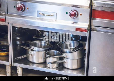 Stainless steel pots and pans in a professional kitchen Stock Photo