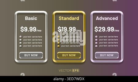 Modern glossy pricing tables for subscription plans. Basic, Standard, Advanced options for web services. Vector illustration. Stock Vector