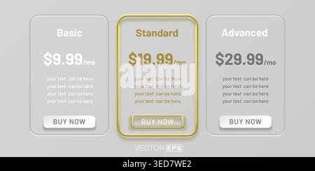 Neumorphism pricing plan set with Buy Now buttons. This UI template offers clear subscription tiers. Vector illustration. Stock Vector