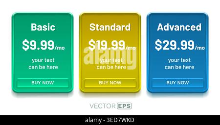 Modern pricing table design with three subscription plans Basic, Standard, Advanced. Perfect for web and UI elements. Vector illustration. Stock Vector
