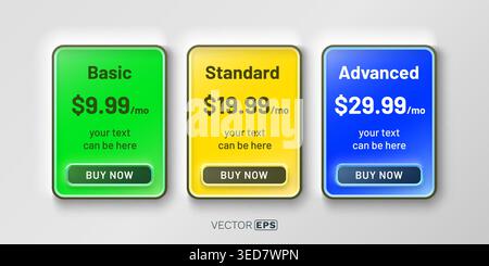 Elegant Pricing Table with Three Subscription Plans Basic, Standard, and Advanced with Buy Now buttons. Vector illustration. Stock Vector