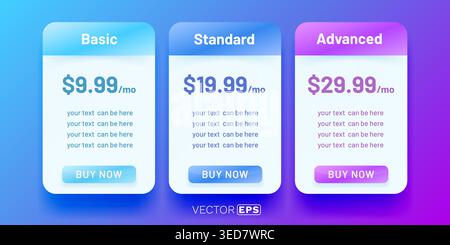 Modern three-tier pricing table design, featuring Basic, Standard, and Advanced subscription plans. Vector illustration. Stock Vector