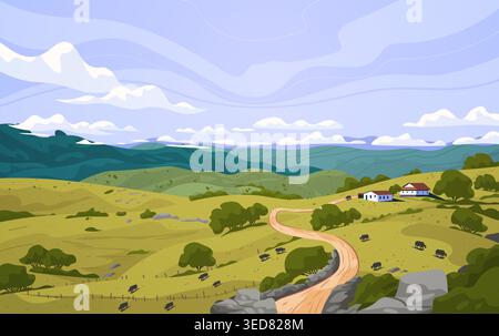 Minas Gerais Brazil rural landscape mountains countryside farmhouses winding dirt road green hills blue sky scenic nature Stock Vector