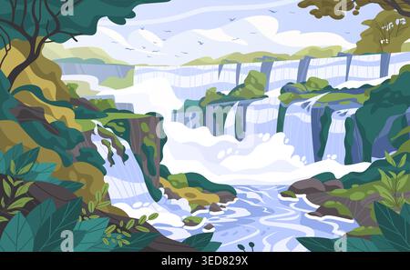 Parana Brazil waterfall landscape lush jungle river flowing water rocks green foliage scenic nature travel destination Stock Vector