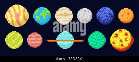 Pixel planets. Open space elements, solar system objects, retro 8 bit computer graphic for video games, colorful cosmic earth, mars, moon crater and Stock Vector