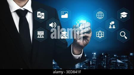 A businessman in a suit interacts with digital icons showcasing artificial intelligence and technology in a modern city at night, symbolizing Stock Photo