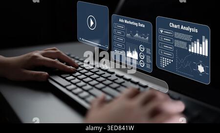 Person Using Laptop with Digital Marketing Dashboard and Charts for Data Analysis in a Modern Office Environment Quark. Stock Photo