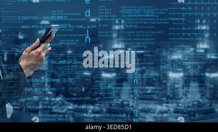 A business professional interacts with a smartphone in an urban environment, illustrated with code and data overlays, showcasing modern technology and Stock Photo