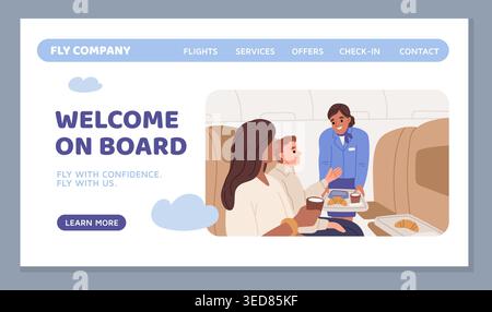 Passengers on plane landing. Airline website, online ticket purchase, flight registration and navigation menu ordering, service, web banner design Stock Vector