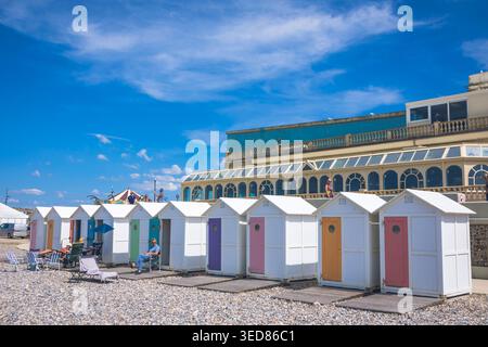 France, Normandy, Hauts de France, Somme, Le Treport,, Alabaster Coast, pebble beach, beach huts, JOA Casino in Treport Stock Photo