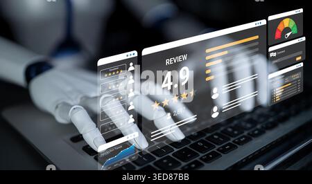 A robotic hand interacts with a digital review interface on a laptop, showcasing user ratings and feedback metrics in a modern technological workspace Stock Photo
