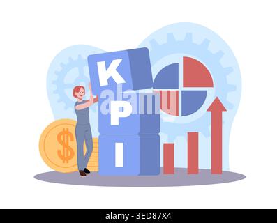 Key performance indicator. Success measurement, company growth, investments in project, person stacks KPI blocks. Business performance measurement Stock Vector