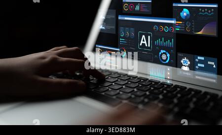 AI business intelligence interface featuring real-time AI data visualization, predictive AI model graphs, and automated report tools driven by AI Stock Photo