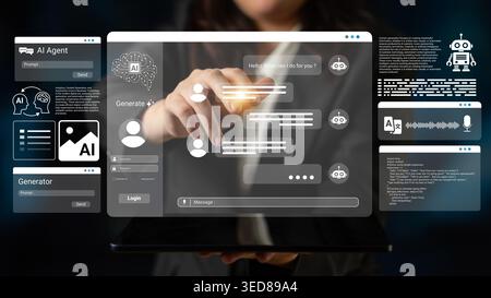 Explore a cutting-edge AI interface concept featuring a touchscreen display that engages users with chatbot technology, enhancing communication and Stock Photo