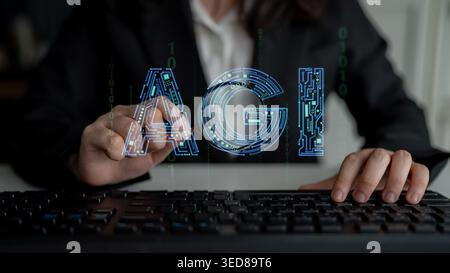 Innovative Concept of Artificial General Intelligence with Abstract Circuit Design and Data Representation in a Modern Office Setting Haptic. Stock Photo
