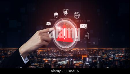 Red warning triangle representing a cybersecurity threat or data breach alert, surrounded by digital security and network protection icons Stock Photo