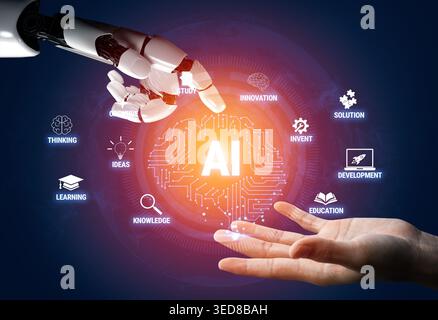 Interplay of Technology and Human Intelligence: A Robotic Hand Reaching Out Towards a Human Hand with Symbols of Innovation and Learning in the Stock Photo