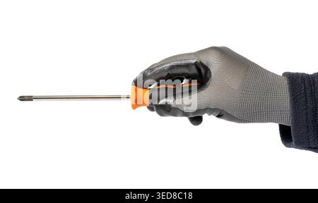 gloved hand holding a screwdriver celebrating labor day spirit isolated on white background Stock Photo