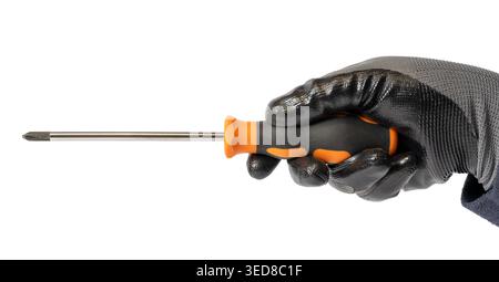 Gloved hand holding a screwdriver isolated on white background Stock Photo