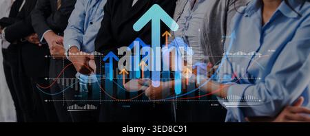A professional team stands together, symbolizing collaboration while a growth chart with arrows indicates financial success and progress in a modern Stock Photo