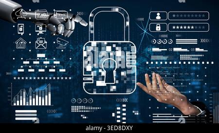 AI safeguarding cyber security system, monitoring threats, analyzing attack patterns, and securing digital infrastructure using intelligent encryption Stock Photo
