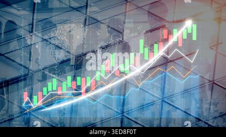This image features an abstract financial chart illustrating market trends with colorful candlestick patterns, highlighting growth and investment Stock Photo