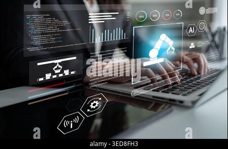 Robotic process automation enhances industrial efficiency through AI integration, intelligent control, and data-driven automation, improving workflow Stock Photo