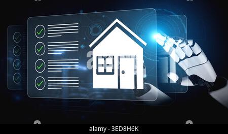 A captivating image showing a robotic hand interacting with a digital home interface, representing advanced technology in real estate and smart living Stock Photo