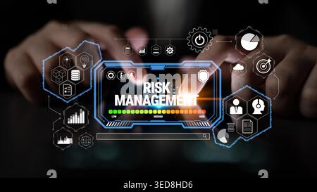 Hands Typing on a Digital Interface Highlighting Risk Management Concepts with Various Icons and Charts Against a Dark Background Quark. Stock Photo