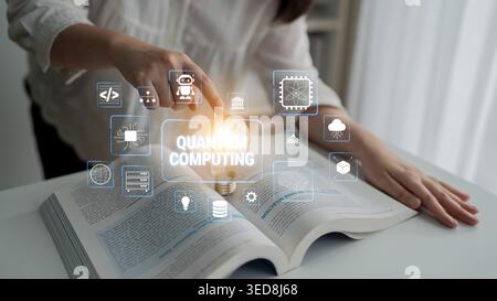 Innovative Concept of Quantum Computing with Book and Interactive Digital Icons Representing Technology and Learning Fluxor. Stock Photo