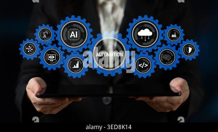 Business Person Holding Tablet with Gears and Automation Icons Symbolizing Technology Innovations in Artificial Intelligence, Data Analysis, and Cloud Stock Photo