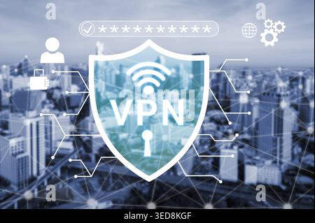 Secure VPN Concept with Digital Shield and Cityscape Background for Online Privacy and Internet Safety Protection Haptic. Stock Photo