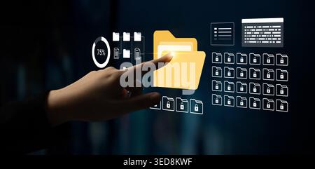 A close-up view of a hand interacting with a digital file management interface featuring security measures and data analytics, showcasing modern Stock Photo