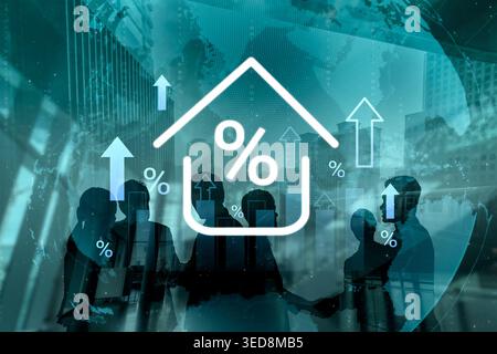 This image illustrates real estate market growth with upward arrows and a percentage symbol, highlighting financial trends in an urban business Stock Photo