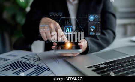 Person Using Smartphone with AI Technology Interface and Data Visualizations in Modern Office Environment for Stock Photo Sigmoid Stock Photo