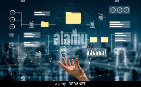 A visual representation of a digital data management interface showcasing file folders and graphs, illustrating information flow and analytics in a Stock Photo