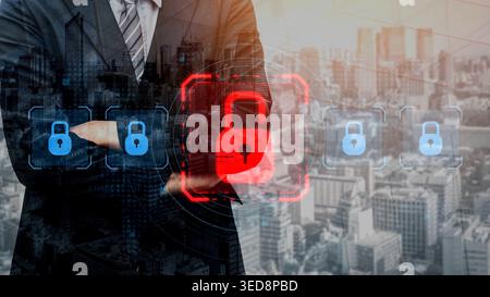 Digital security concept illustrating a cybersecurity breach, with a red unlocked padlock indicating data exposure among secure systems, emphasizing Stock Photo