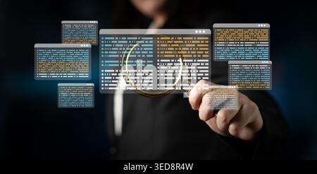 A business professional examines data displayed on virtual screens, highlighting the importance of technology and analysis in modern business Stock Photo