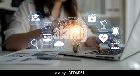 Woman Engaged in Innovative Digital Technology Work with Brain Graphic and Various Icons Representing Modern Concepts and Online Applications Quark. Stock Photo
