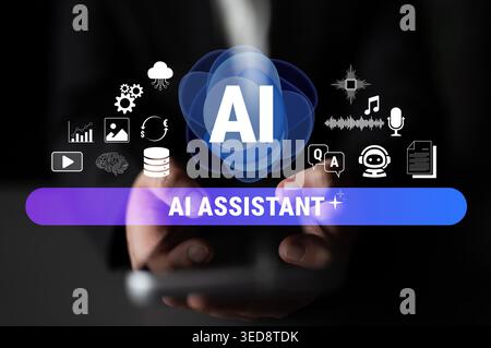 AI Assistant Concept with Icons Representing Digital Communication, Data Processing, Cloud Technology, and User Interaction in a Modern Setting Fluxor Stock Photo