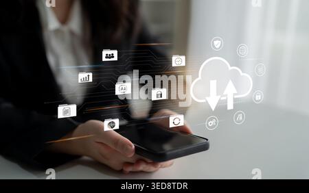 Cloud data storage enhances secure backup, improves connectivity, and supports digital file management Parse Stock Photo